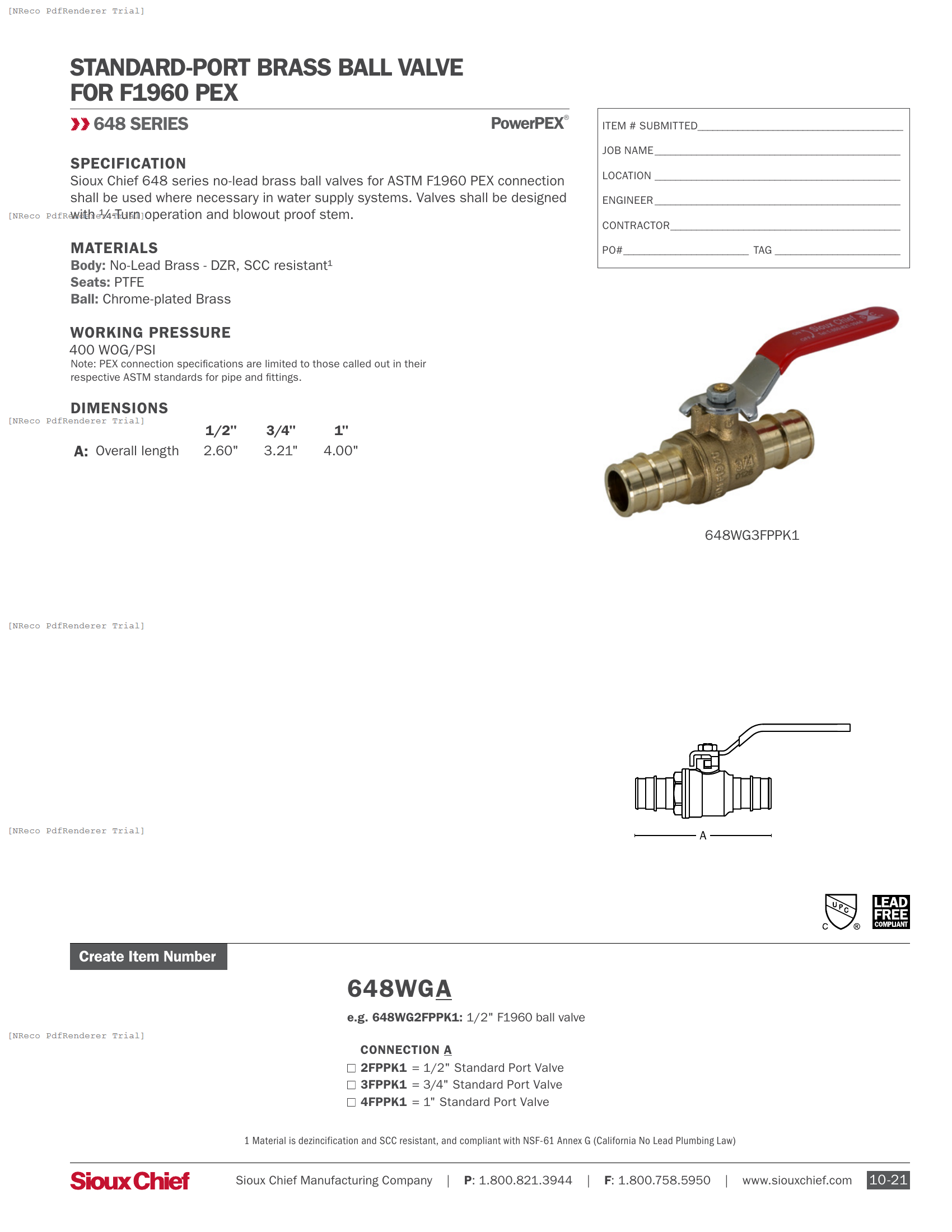 648 SERIES - POWERPEX F1960 STANDARD PORT BRASS BALL VALVE - SPEC SHEET.PDF Specification Document